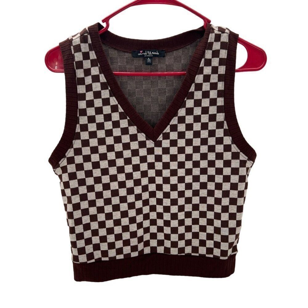 Mixed Threads Sweater Vest Brown Cream Checkered Sleeveless Preppy Size L Junior